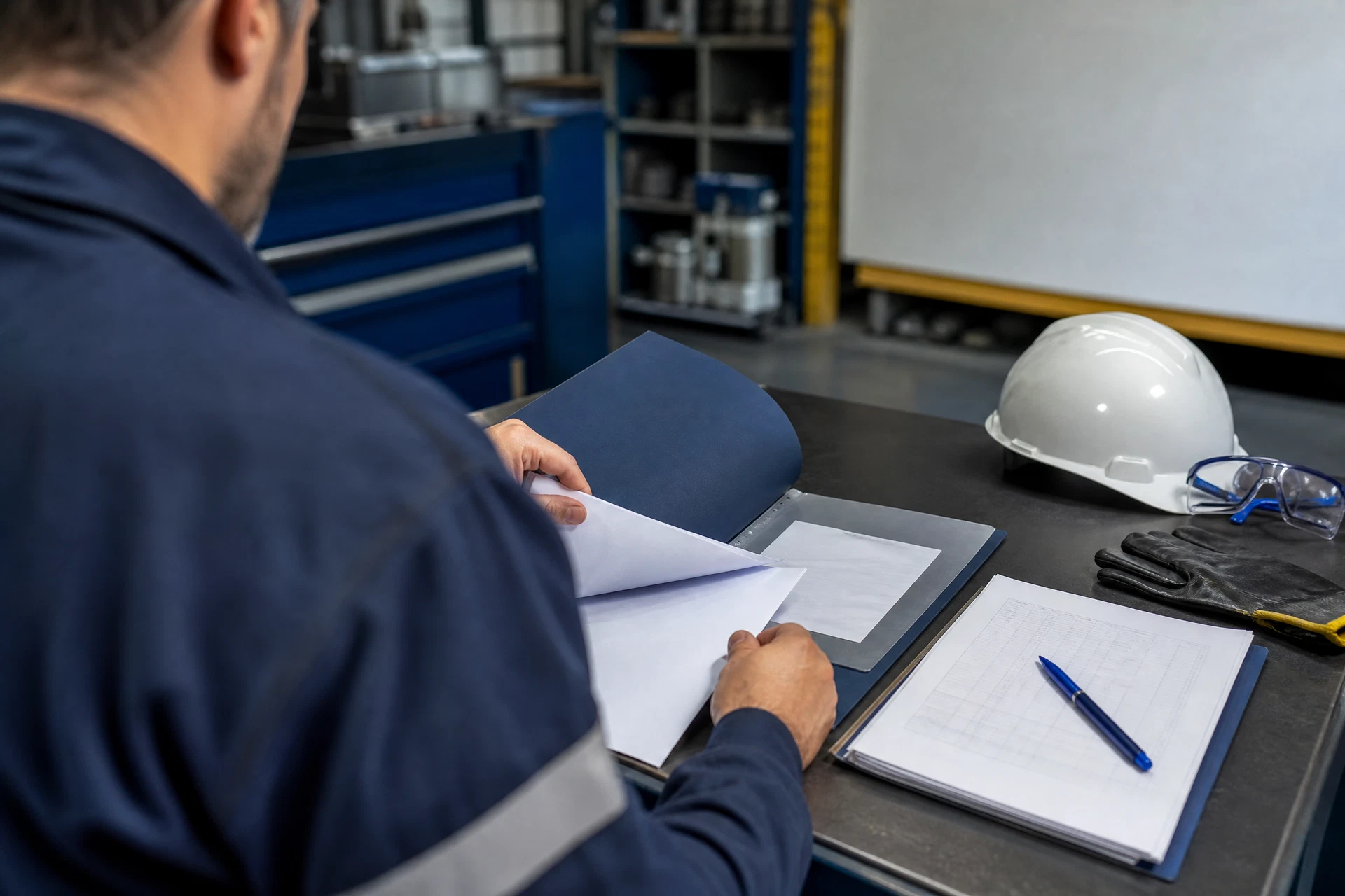 Profissional da manutenção industrial organizando documentos técnicos em bancada de trabalho